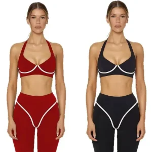 PMWRUN Women's Yoga Set with Halter Neck Bra, Contrast Trim Leggings, Stretchy Breathable for Yoga Sessions and Gym Workouts - AliExpress 201768104